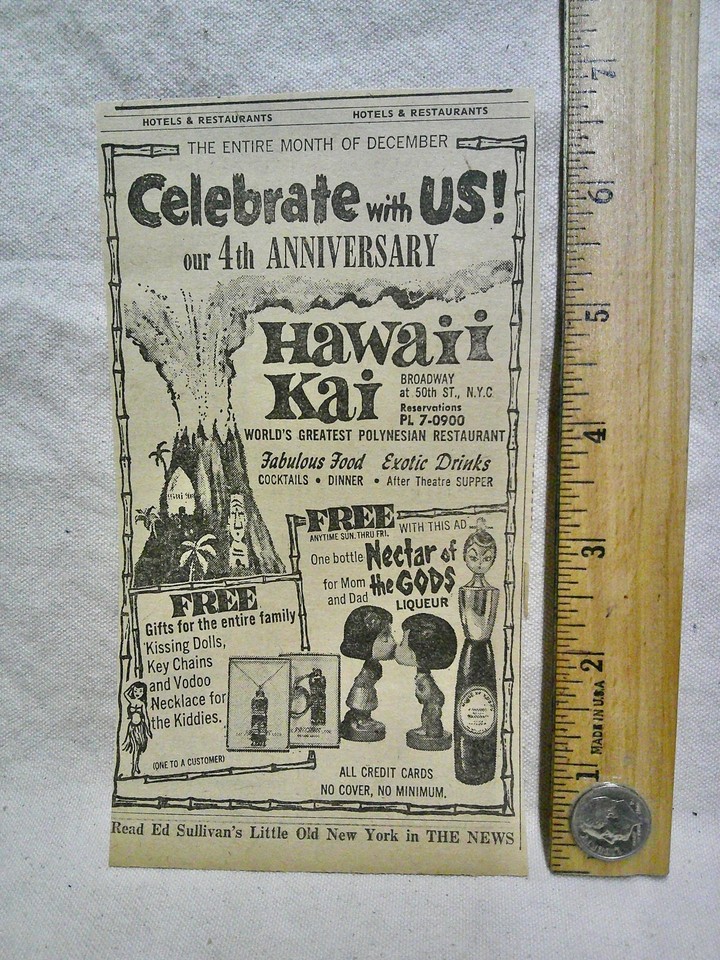 An actual 1966 Hawaii Kai NYC tiki bar promotional item — a genuine mid-century artifact from one of Manhattan's most legendary Polynesian restaurants, dripping in exotica-era cool.