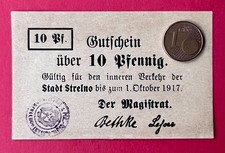 alter Notgeld Gutschein 10 Pfennig Stadt STRELNO in Pommern 1. WK 1917 ( 166915