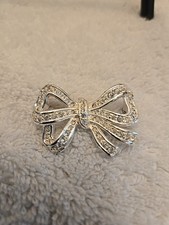 Vintage Silver Tone Clear Rhinestone BOW Brooch Pin