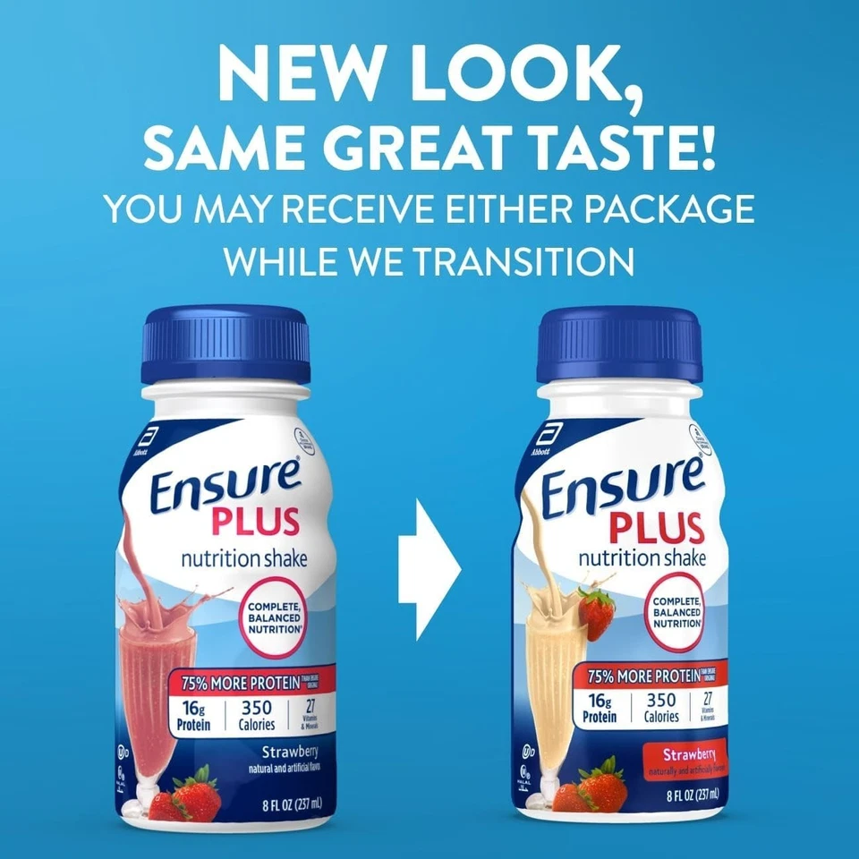 Batido de reemplazo de comida para batido Ensure Plus Strawberry Nutrition 8 fl oz - Paquete de 24 Foto 2 de 4
