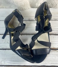 CLEANED 8M MICHAEL KORS Wendy Black Leather Heels Crisscross Strappy Sandals