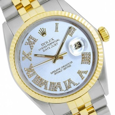 Rolex Datejust 18KY Gold & SS Silver Diamond Roman Dial Fluted Bezel Watch