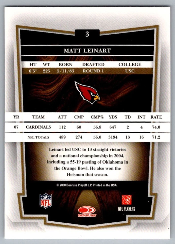 2008 Donruss Classics Matt Leinart Arizona Cardinals #3 - Image 2 of 2