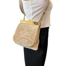 GUCCI Vintage GG Monogram Logo Shoulder Bag Crossbody Cream Gold Velour Leather