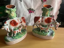 Pair of Large Victorian Staffordshire Cow & Calf Spill Vases c1850
