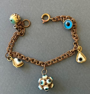 Vintage Evil Eye Charm Bracelet 7  Aged Brass Tone With FIVE Gold Tone Charms