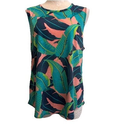 Exersion Tropical Print Mesh Paneled Split Back Sleeveless Blouse Large