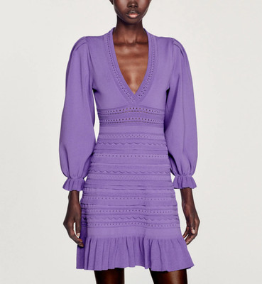 Sandro Women's Purple Knit Ruffle Short Dress Size 38 FR 10 UK 6 US SFPRO02739