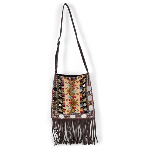 74203 auth VALENTINO brown suede 2025 NELLCOTE EMBROIDERED FRINGE Crossbody Bag