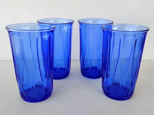 HAZEL ATLAS NEWPORT HAIRPIN COBALT BLUE DEPRESSION GLASS TUMBLERS - SET OF 4