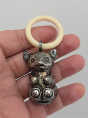 VINTAGE Silver Plated Baby Rattle With Plastic Teething Ring Kitty