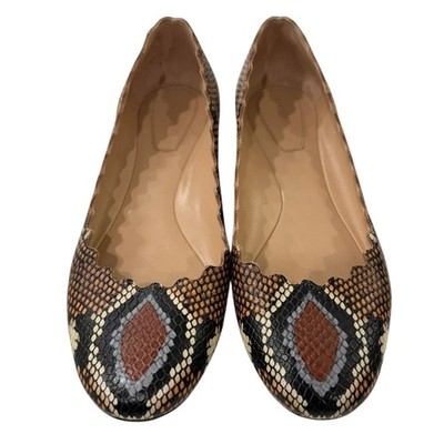 Chloé Lauren Scalloped Ballet Flats Python Snakeskin Leather Designer Shoes 38.5