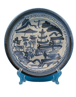 Hand Painted Canton Style Stoneware Plate Artist Signed Studio Pottery 8 5/8''