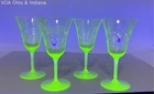 Uranium Glass Green Etched Floral Wine Goblet Set 4 Vintage Depression Era
