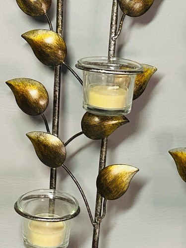 Metal Wall Sconce Leaf Pattern Tealight/Votive Candle Wall Decor w/6 Candles - Picture 8 of 11