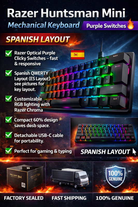 🔥 Razer Huntsman Mini Mechanical Keyboard – Purple Switches (Spanish QWERTY) 🔥