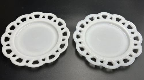 Vintage Hazel Atlas Milk Glass Open Lace Edge Plates 8.5” Set of 2