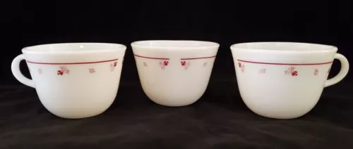 Set of 3 Vintage Pyrex Burgundy Rose Milk Glass Coffee Mug Tea Cup
