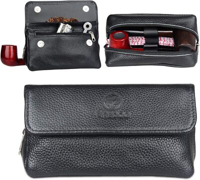 FIREDOG Leather Smoking Pipe Bag Pouch Case for 2 Pipes (Black) Black 