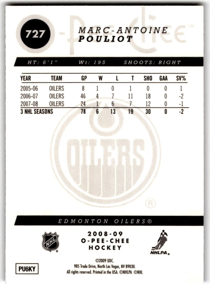 Marc-Antoine Pouliot 2008-09 O-Pee-Chee Metal #727 Edmonton Oilers - Image 2 of 2