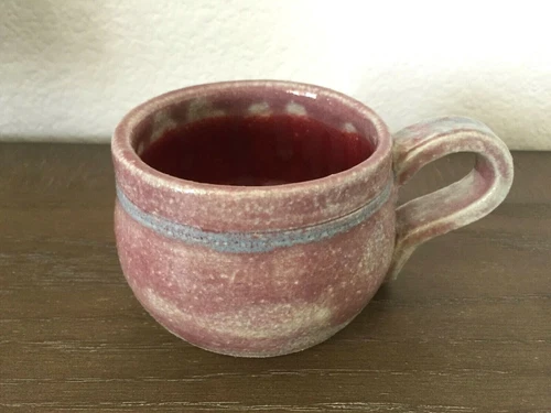 Vintage Studio Pottery Thrown Coffee Mug Cup Lilac & Cherry Rough Glaze Signed