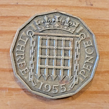 1955 Queen Elizabeth II Three Pence 3d coin - F.