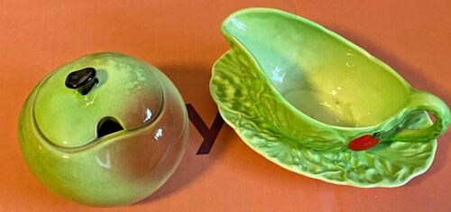 Carlton Ware-Green &amp; Red Apple-Cabbage Leaf Sauce Boat &amp; Underplate-Vintage