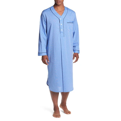 Herren Baumwolle Nachthemd Langarm Locker Lang Schlafshirt Pyjama Nachtwäsche Kleid - Bild 19 von 41