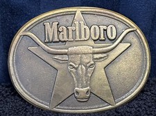 Vintage Marlboro Brass Belt Buckle Longhorn Star Oval 1987 A1