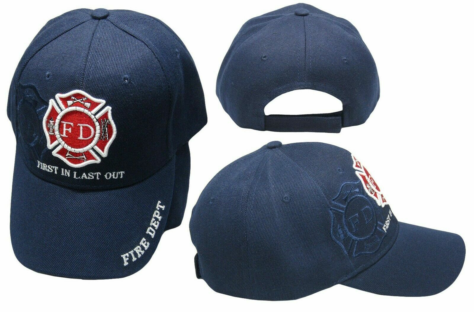 Fire Department First In Last Out Navy Blue Shadow Embroidered Cap Hat