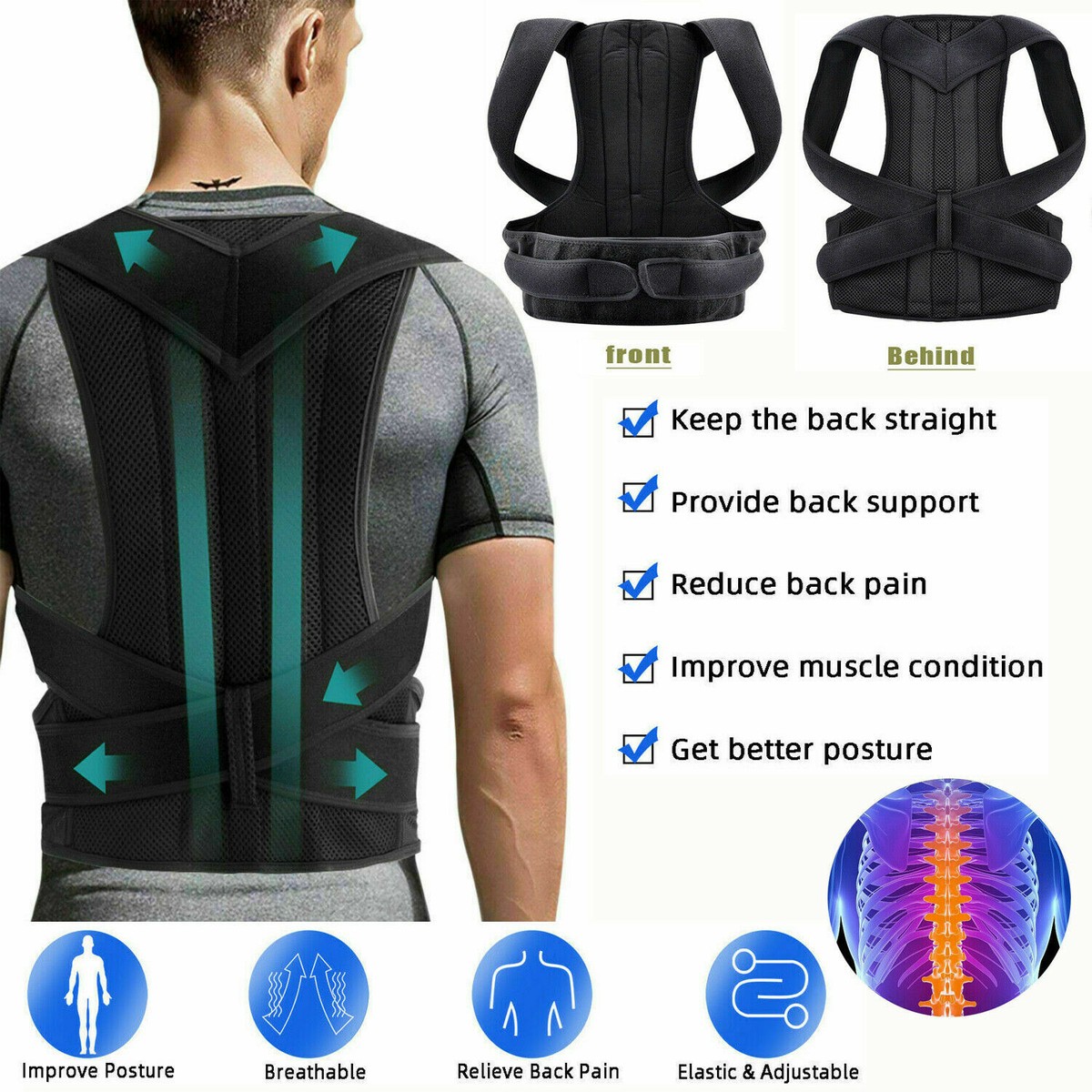 Corrector de postura de espalda para hombres mujeres espalda completa cuello soporte espalda hombro