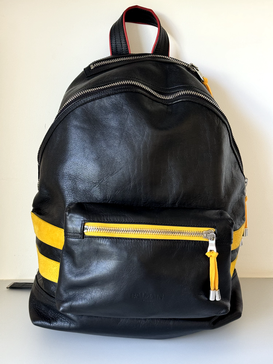 balmain leather backpack Logo - Joseph textured genuine leather * Striking gold finishes and details referencing the brands tradition * Timeless black color matches every outfit * Exceptional form and comfortable usability Balmain Pulse Shearling-Trim Suede Backpack,
