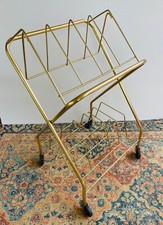 Wire Metal Vinyl LP Record Album Storage Rack Stand w Casters Gold Tone MCM VTG