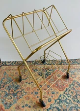 Wire Metal Vinyl LP Record Album Storage Rack Stand w Casters Gold Tone MCM VTG