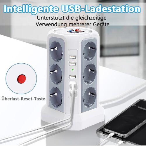 12 Fach Mehrfachsteckdose Mit 5USB Steckdosenturm Schalter für Zuhause Büro 2M - Bild 12 von 32