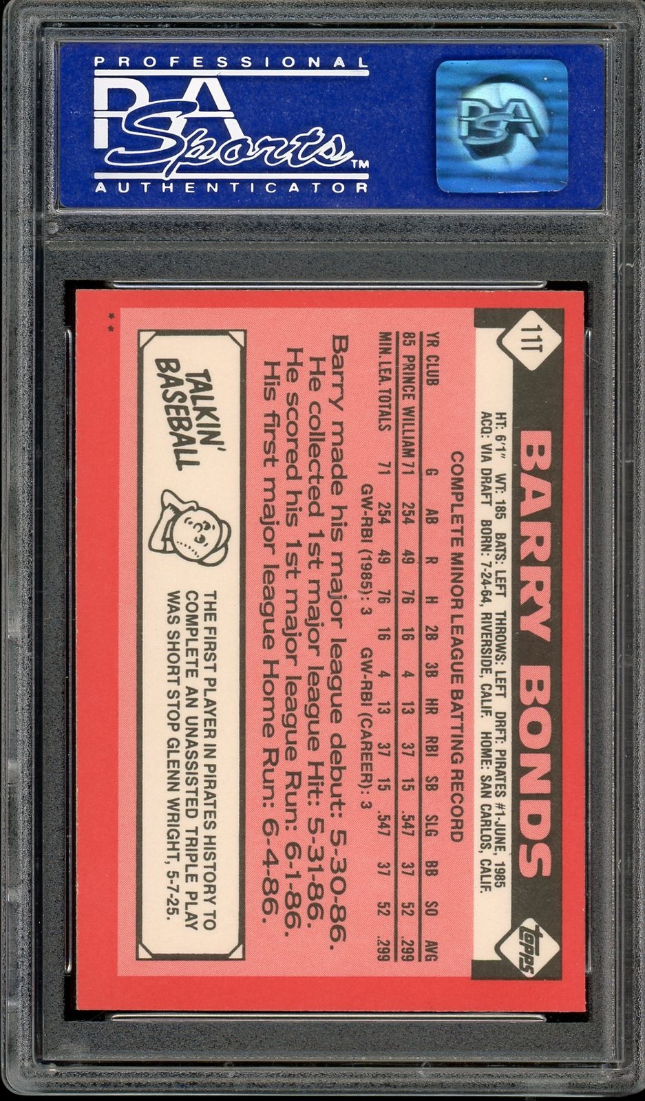 1986 Topps Traded #11T Barry Bonds - PSA 8 view 2