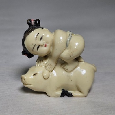 Vintage Netsuke Girl on Pig Plastic Resin Figurine 1.5''x1.5'' Collectibles 