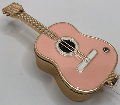 Pink & Gold Enamel Guitar 4  Long Keepsake Box - Featuring A Rhinestone 