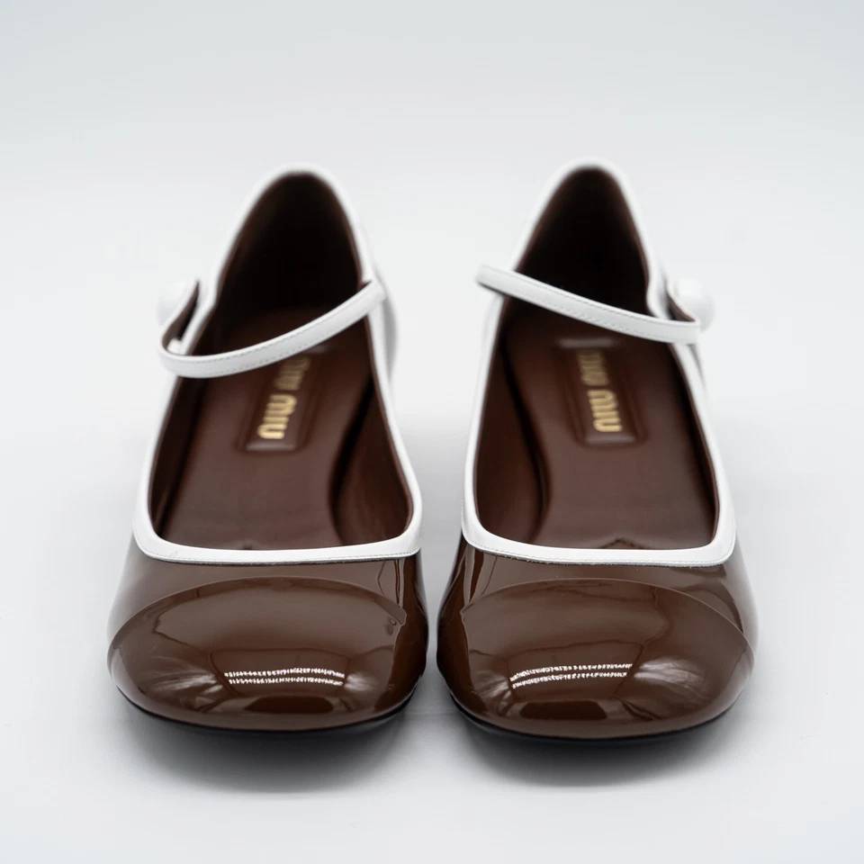size 39.5eu 9.5 US Miu Miu Two-Tone Patent Leather Mary Jane Pumps Brown - Image 2 of 4