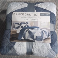 Origami Pieced Modern Patchwork 3-piece Queen Quilt Set Blue