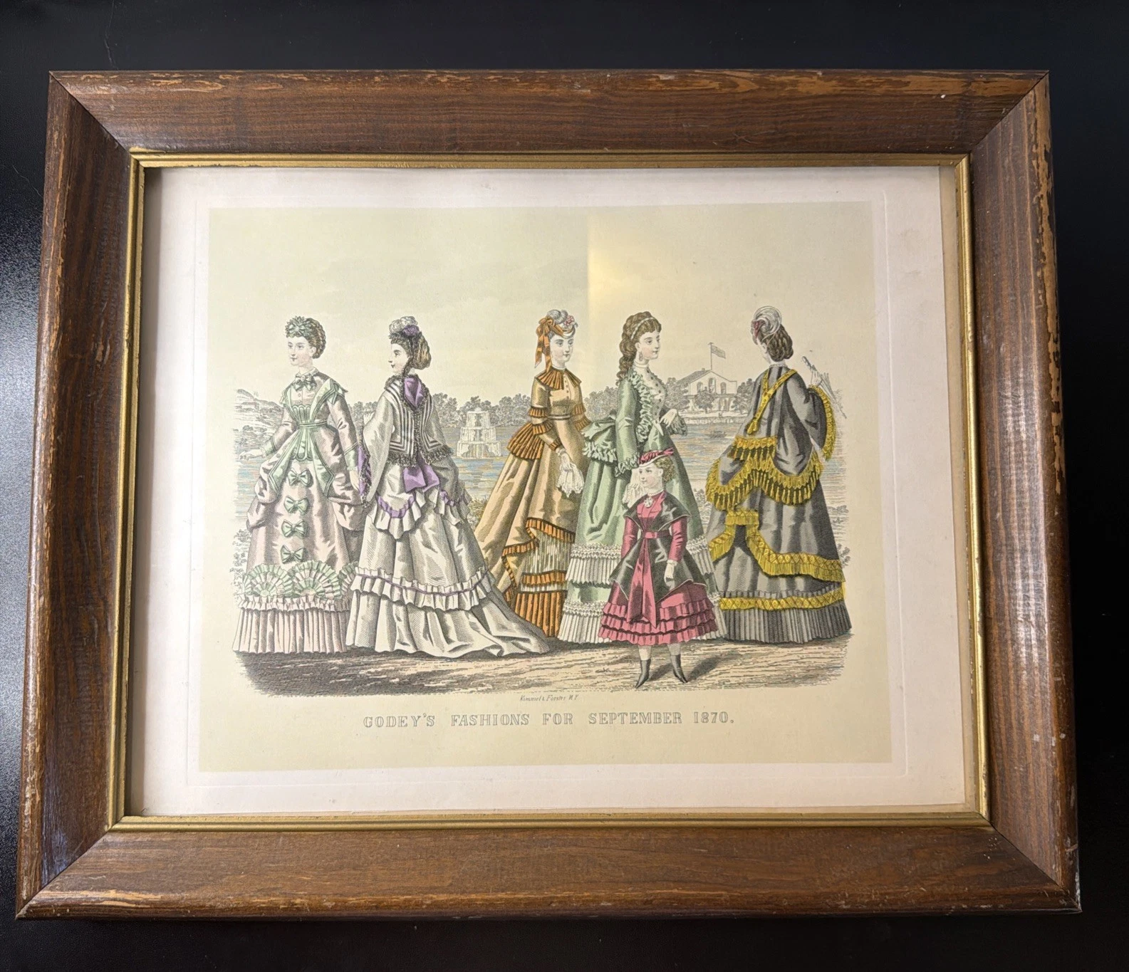 Antique Framed 1870 Godey's Fashions September Color Print Kimmel & Forster NY