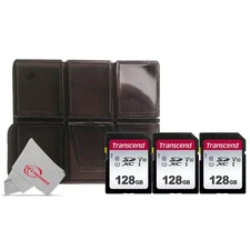 Three Pack Transcend SDXC 128GB UHS -I U3 300s V30 Class 10 with Card Holder