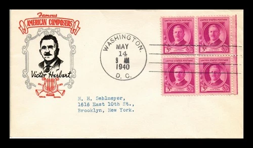 US COVER VICTOR HERBERT FAMOUS AMERICANS FDC SCOTT 881 BLOCK TORKEL GUNDEL