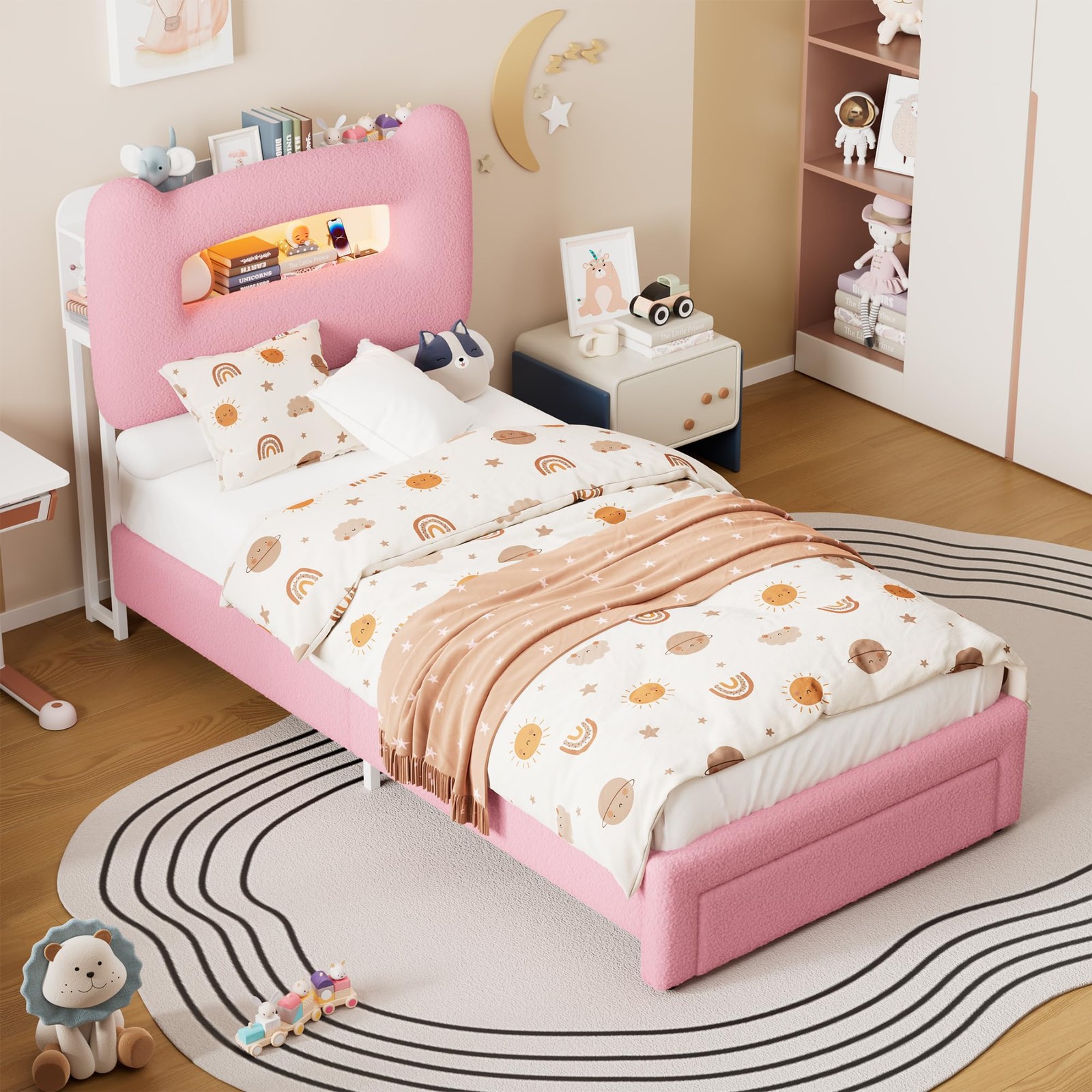 Upholstered Platform W/ Storage Headboard For Kids Girls Boys