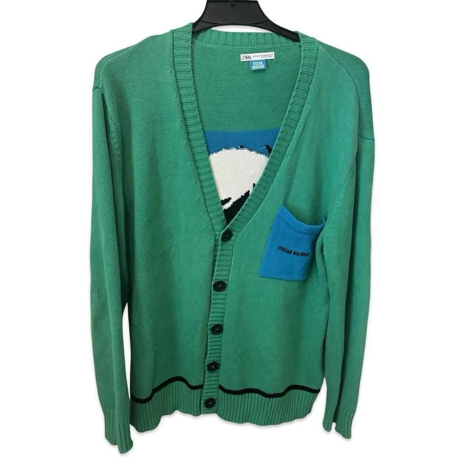 Cárdigan Suéter Zara Oscar Verde Marino Tejido 100% Algodón Para Hombre S-M Foto 3 de 4
