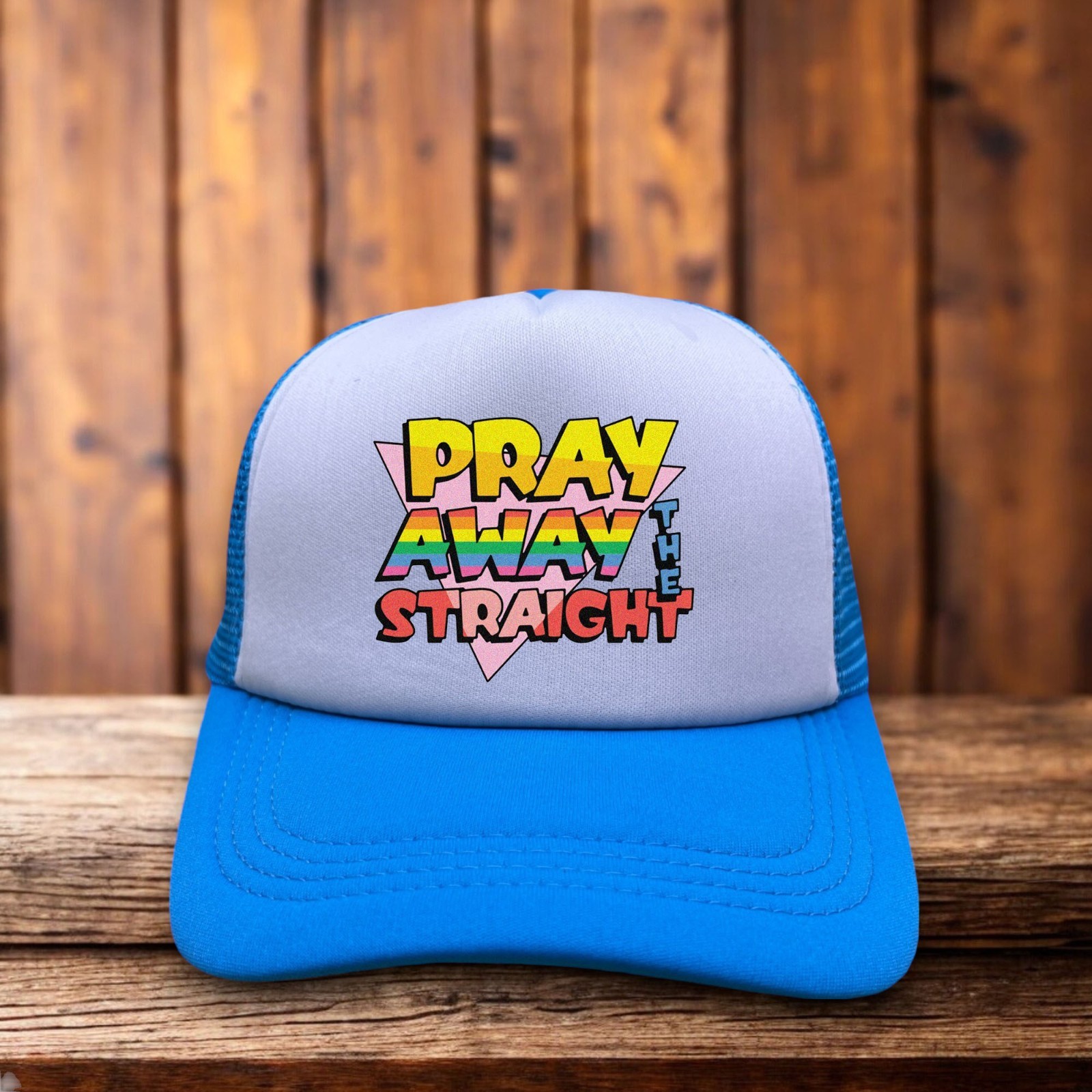 Pray Away The Straight Mens Trucker Hat Bright Blue LGBTQ Advocate Equality Cap