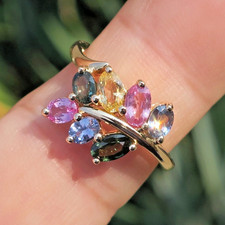 14k Solid Yellow Gold Natural Multi-Colored Sapphire Ring Size 7