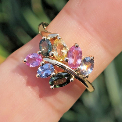 14k Solid Yellow Gold Natural Multi-Colored Sapphire Ring Size 7