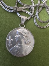 Necklace Jewellery Joan of Arc Medalion Silvertone Souvenir French Vtg LongChain