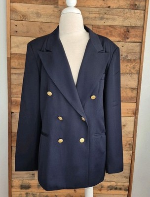 Halston Heritage Navy Blue Double Breasted Blazer Gold Crest Buttons Womens 14